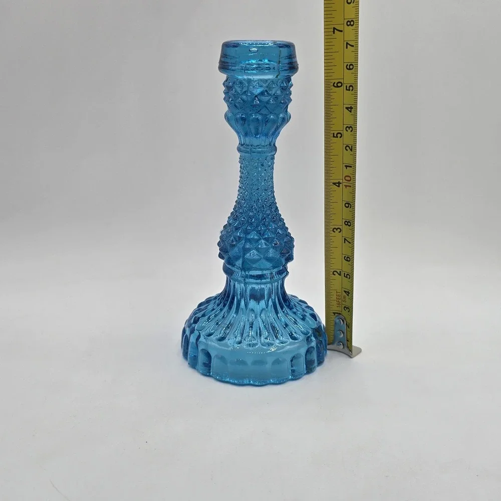 Blue Diamond Point Cut Taper Candle Holder Hobnail Vtg Cottagecore